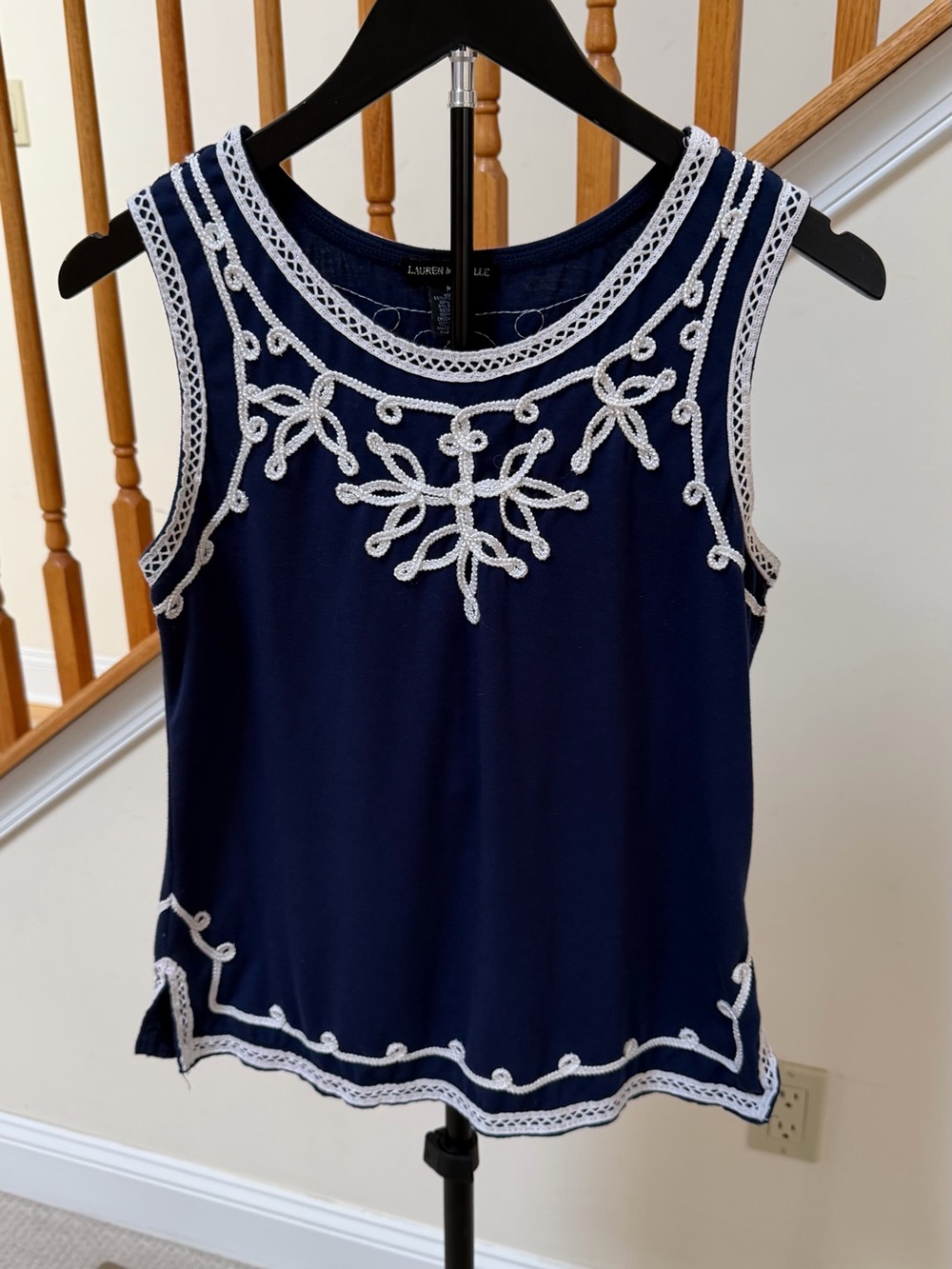 Lauren Michelle Navy Tank with White Embroidered Trim Accents